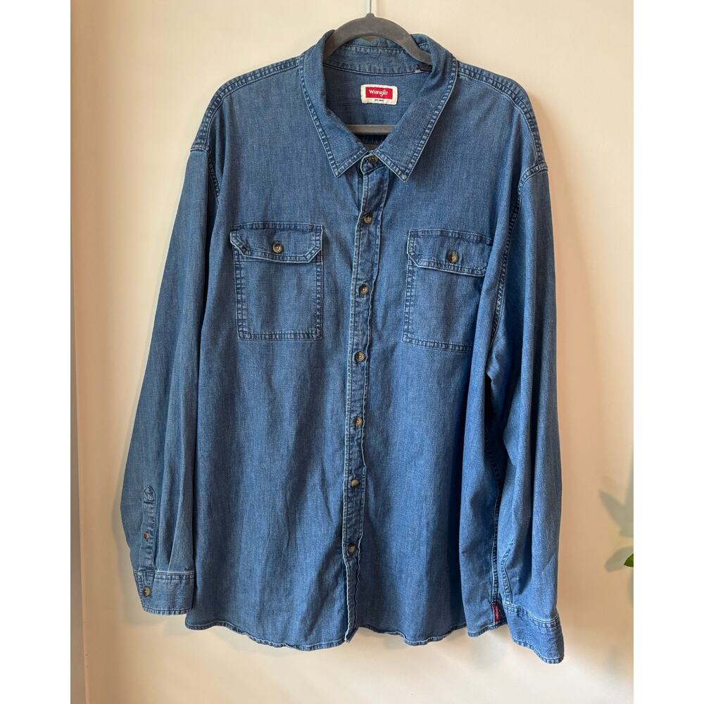Wrangler Men’s Denim Button-Down Shirt 3XL Blue Stretch Chambray Western Casual